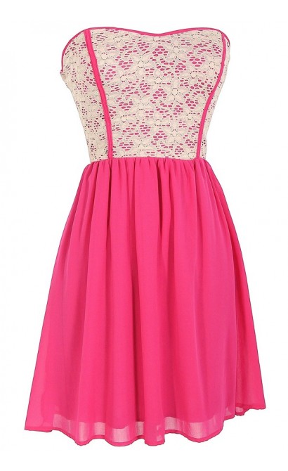 Beige Lace Strapless Dress With Fabric Piping in Bright Pink
